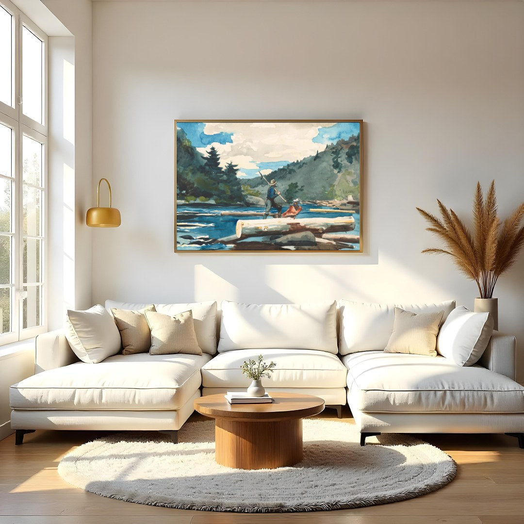 Immerse yourself in the serene beauty of nature with this watercolor depiction of log rafting. The for Living Room