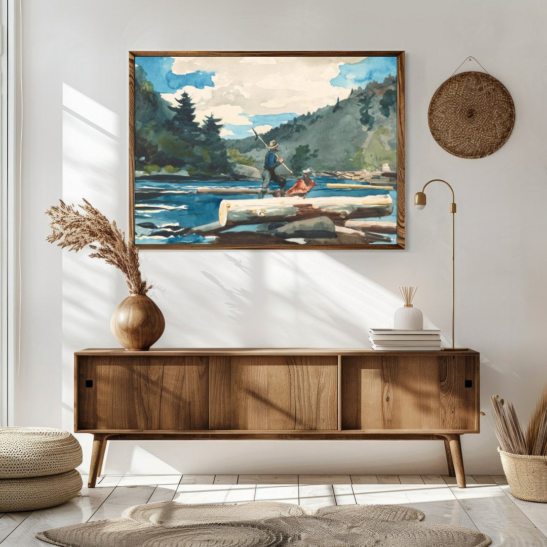 Immerse yourself in the serene beauty of nature with this watercolor depiction of log rafting. The for Sitting Area