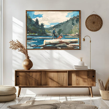 Immerse yourself in the serene beauty of nature with this watercolor depiction of log rafting. The for Sitting Area