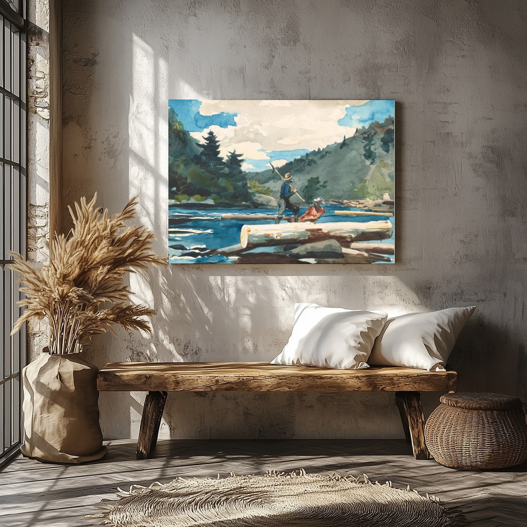 Immerse yourself in the serene beauty of nature with this watercolor depiction of log rafting. The for Veranda