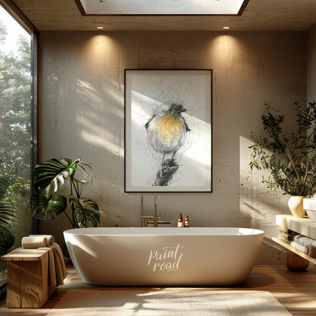 """Robin Sketch"" presents a delicate illustration of a robin, rendered with a combination of detai… for bathroom