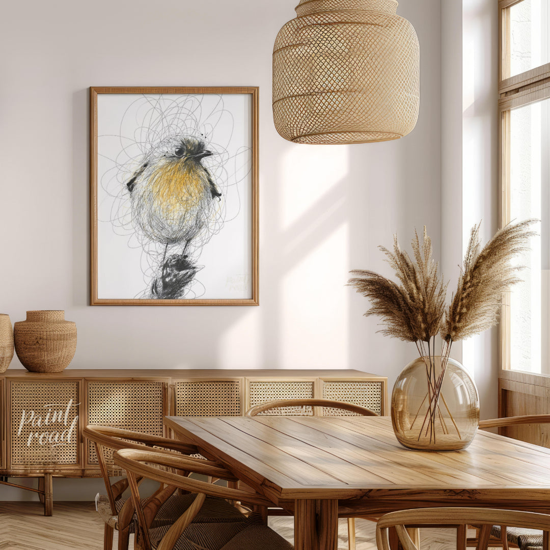 """Robin Sketch"" presents a delicate illustration of a robin, rendered with a combination of detai… for dining room