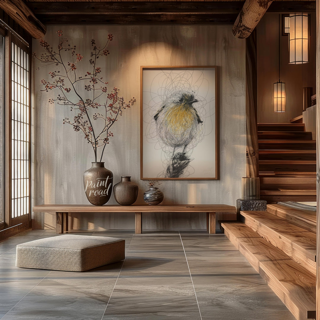 """Robin Sketch"" presents a delicate illustration of a robin, rendered with a combination of detai… for entryway