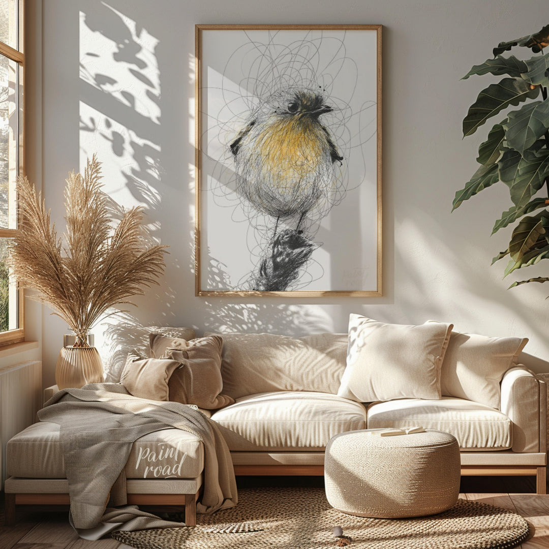 """Robin Sketch"" presents a delicate illustration of a robin, rendered with a combination of detai… for living room