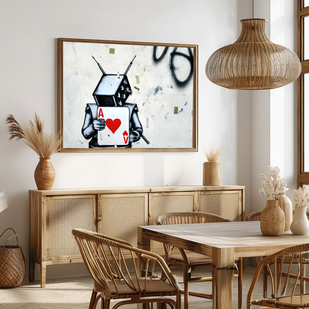 Embrace urban art with this striking graffiti piece featuring a robot holding the Ace of Hearts. for Dining