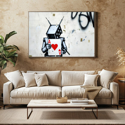 Embrace urban art with this striking graffiti piece featuring a robot holding the Ace of Hearts. for Family Room
