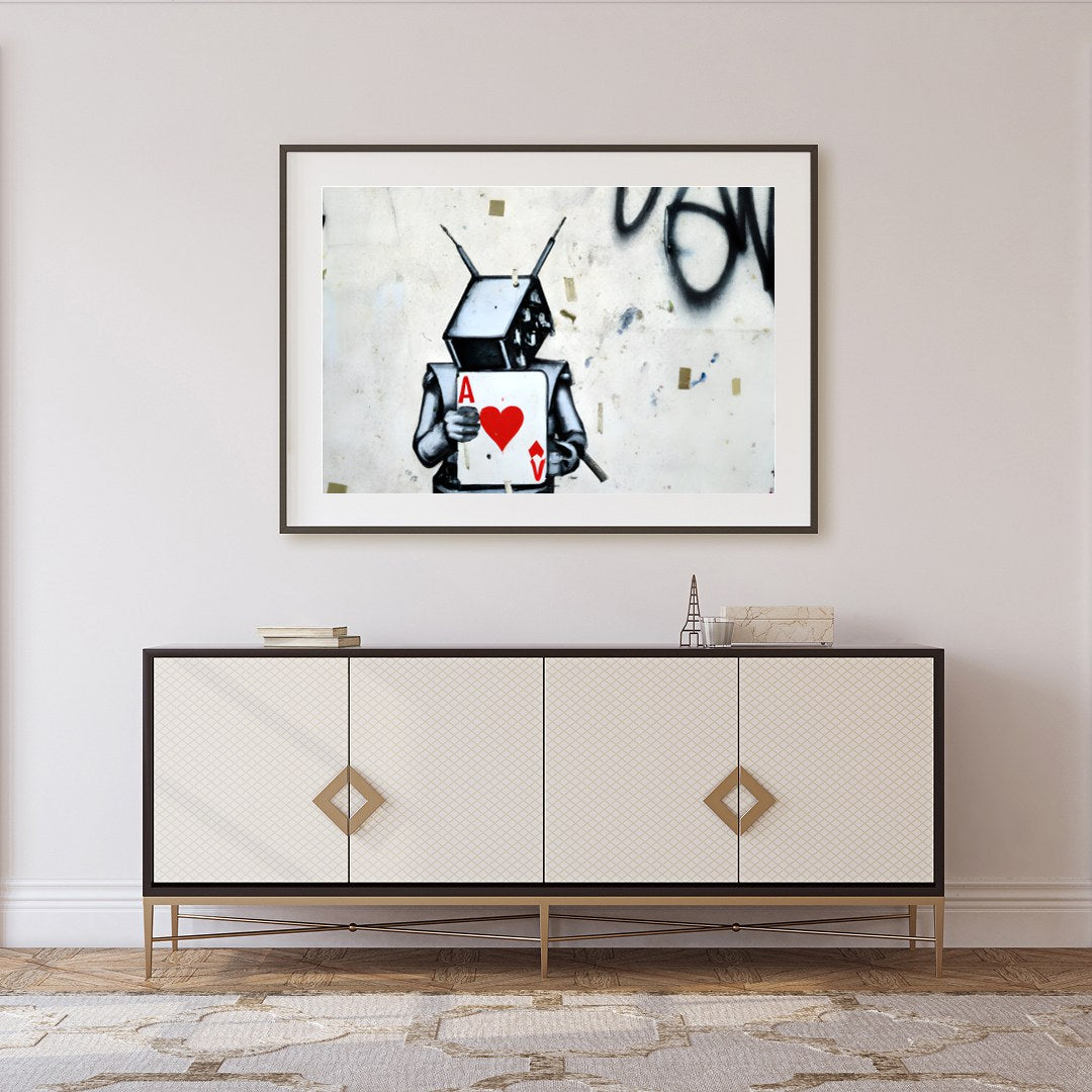 Embrace urban art with this striking graffiti piece featuring a robot holding the Ace of Hearts. for Foyer