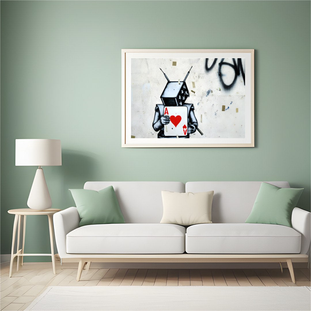 Embrace urban art with this striking graffiti piece featuring a robot holding the Ace of Hearts. for Hall