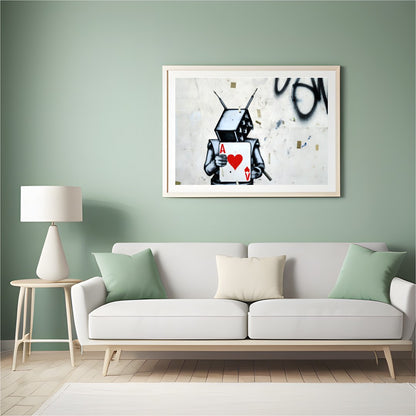 Embrace urban art with this striking graffiti piece featuring a robot holding the Ace of Hearts. for Hall
