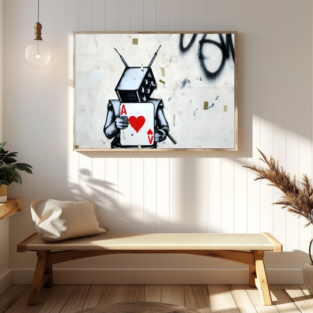 Embrace urban art with this striking graffiti piece featuring a robot holding the Ace of Hearts. for Hallway