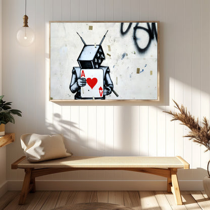 Embrace urban art with this striking graffiti piece featuring a robot holding the Ace of Hearts. for Hallway