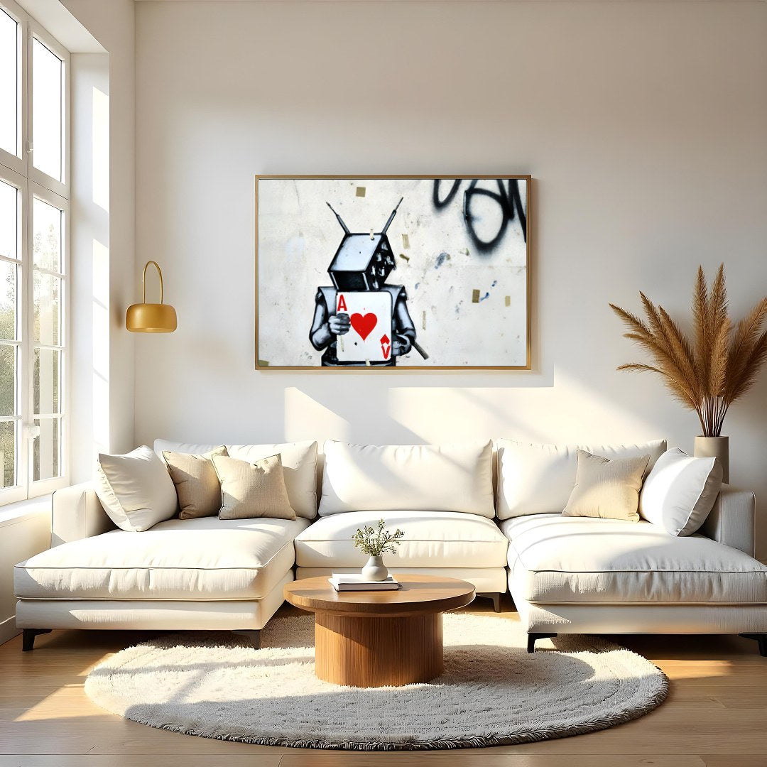 Embrace urban art with this striking graffiti piece featuring a robot holding the Ace of Hearts. for Living Room