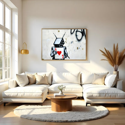 Embrace urban art with this striking graffiti piece featuring a robot holding the Ace of Hearts. for Living Room