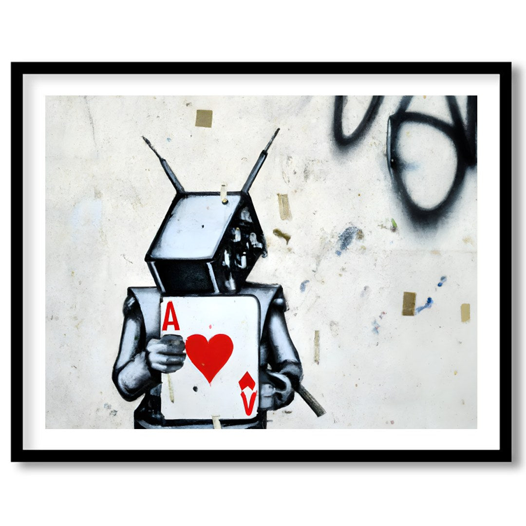 Embrace urban art with this striking graffiti piece featuring a robot holding the Ace of Hearts. for office
