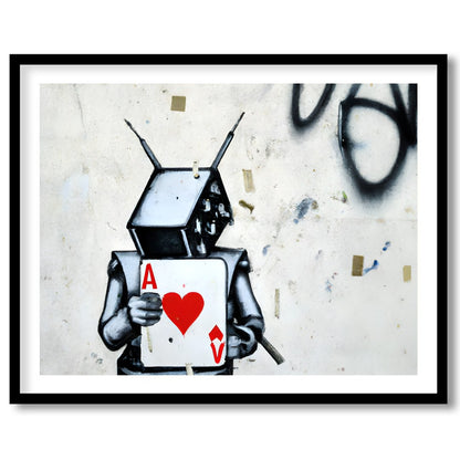 Embrace urban art with this striking graffiti piece featuring a robot holding the Ace of Hearts. for office