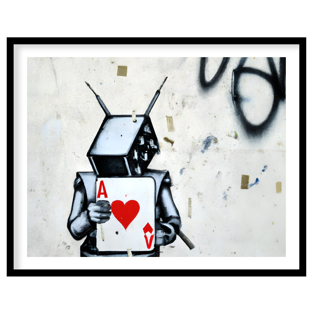 Embrace urban art with this striking graffiti piece featuring a robot holding the Ace of Hearts. for office