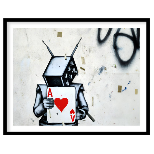 Embrace urban art with this striking graffiti piece featuring a robot holding the Ace of Hearts. for office