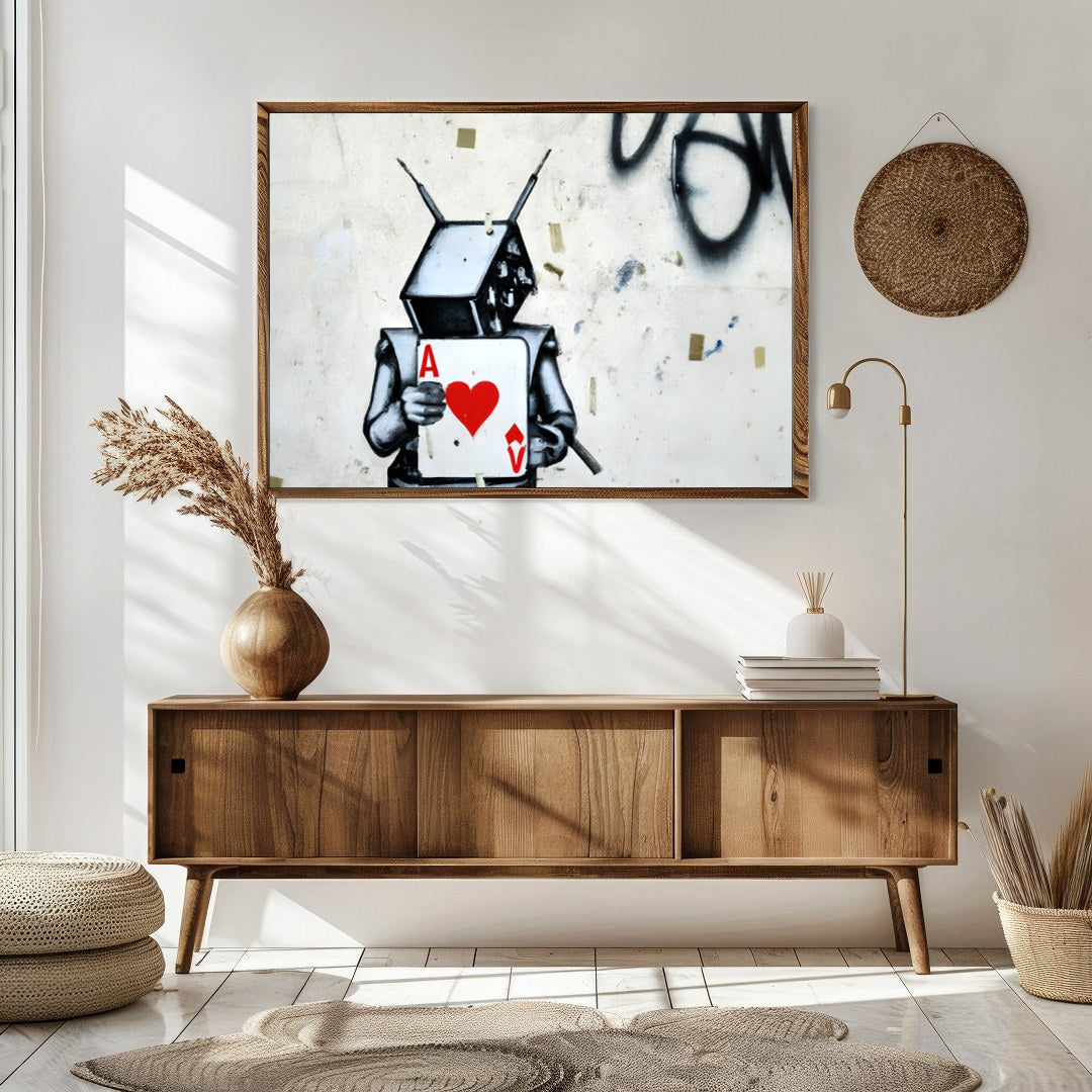 Embrace urban art with this striking graffiti piece featuring a robot holding the Ace of Hearts. for Sitting Area