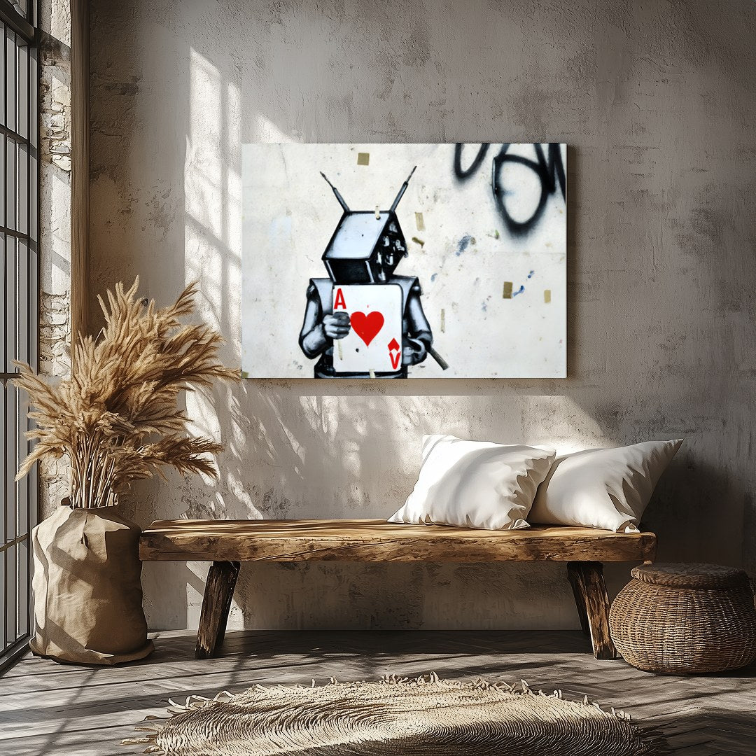 Embrace urban art with this striking graffiti piece featuring a robot holding the Ace of Hearts. for Veranda