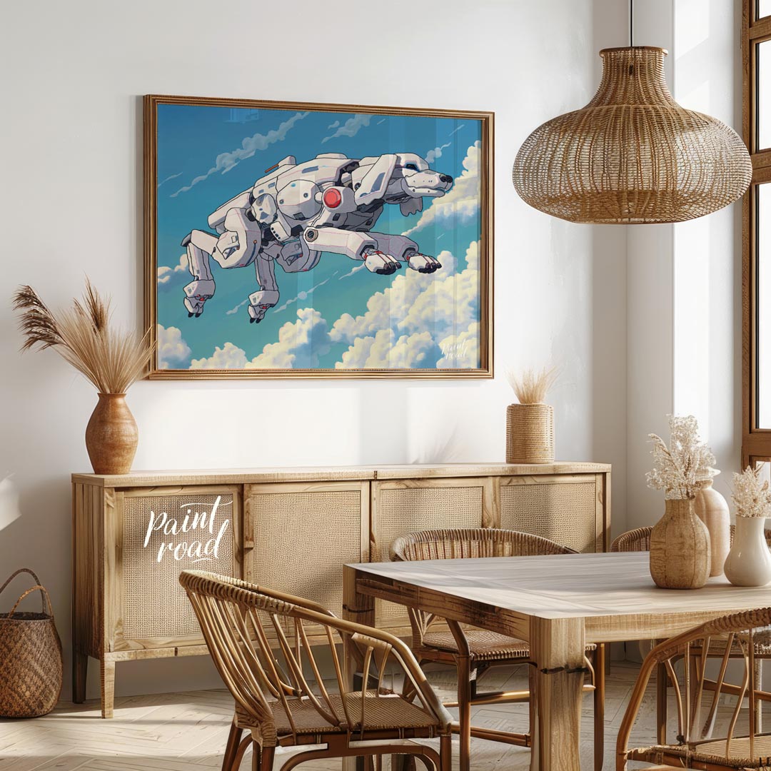 This unique digital artwork presents a futuristic robotic dog, or "mecha-dog," flying gracefully th… for dining room
