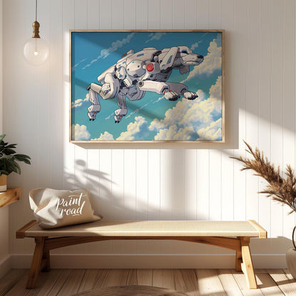 This unique digital artwork presents a futuristic robotic dog, or "mecha-dog," flying gracefully th… for entryway