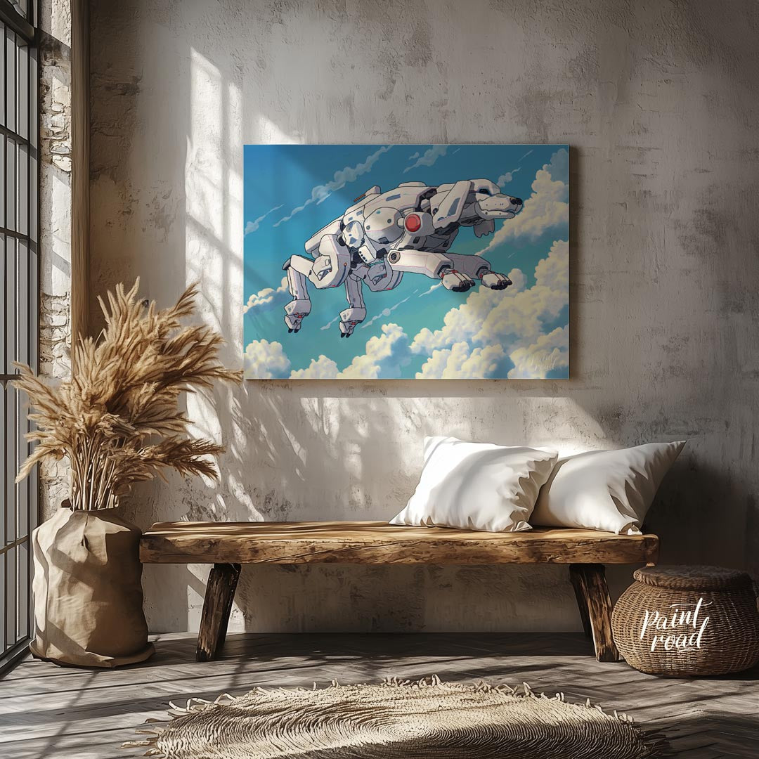 This unique digital artwork presents a futuristic robotic dog, or "mecha-dog," flying gracefully th… for entryway