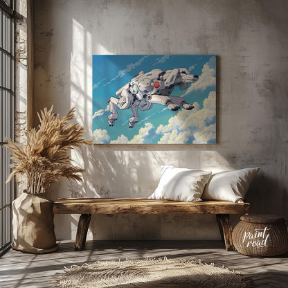 This unique digital artwork presents a futuristic robotic dog, or "mecha-dog," flying gracefully th… for entryway