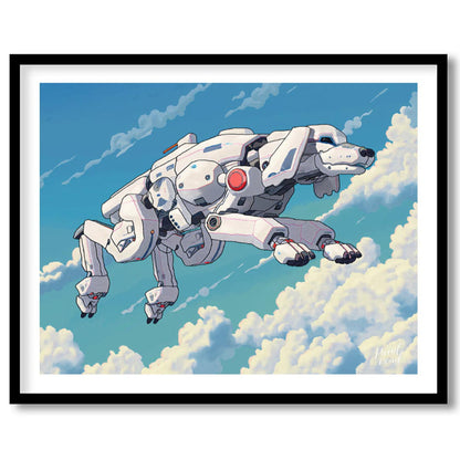 This unique digital artwork presents a futuristic robotic dog, or "mecha-dog," flying gracefully th… for home