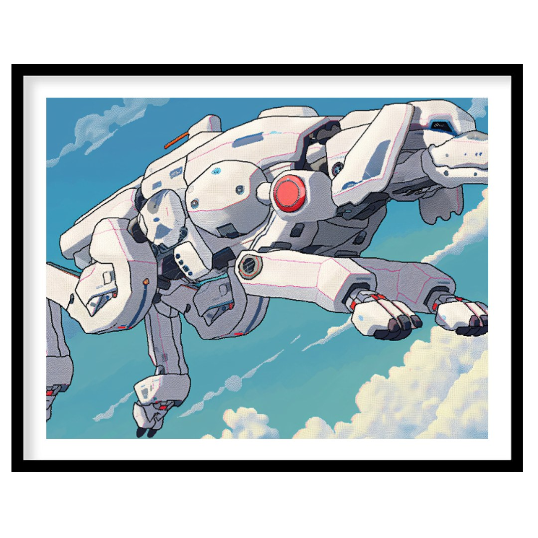 This unique digital artwork presents a futuristic robotic dog, or "mecha-dog," flying gracefully th… for home