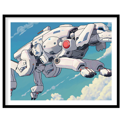 This unique digital artwork presents a futuristic robotic dog, or "mecha-dog," flying gracefully th… for home
