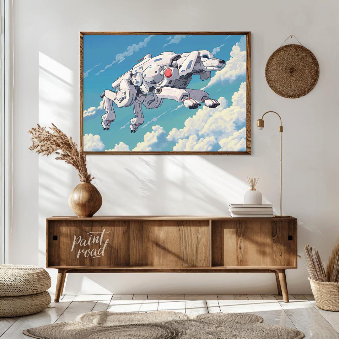 This unique digital artwork presents a futuristic robotic dog, or "mecha-dog," flying gracefully th… for living room