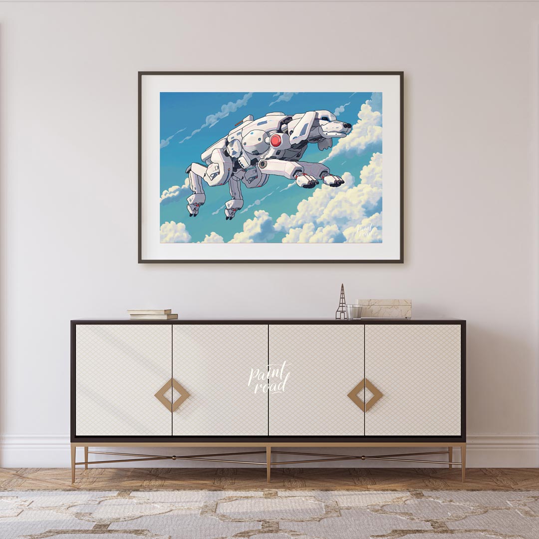 This unique digital artwork presents a futuristic robotic dog, or "mecha-dog," flying gracefully th… for living room