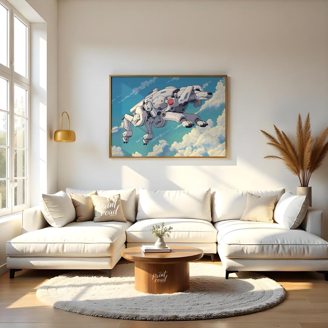 This unique digital artwork presents a futuristic robotic dog, or "mecha-dog," flying gracefully th… for living room