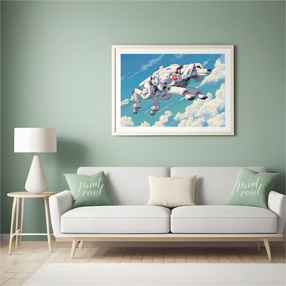 This unique digital artwork presents a futuristic robotic dog, or "mecha-dog," flying gracefully th… for living room