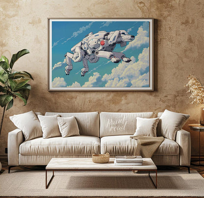This unique digital artwork presents a futuristic robotic dog, or "mecha-dog," flying gracefully th… for living room