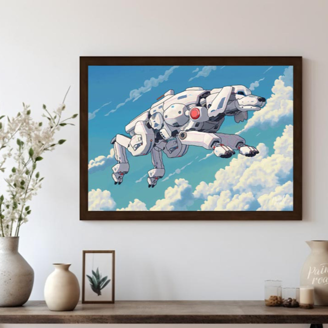 This unique digital artwork presents a futuristic robotic dog, or "mecha-dog," flying gracefully th… for living room