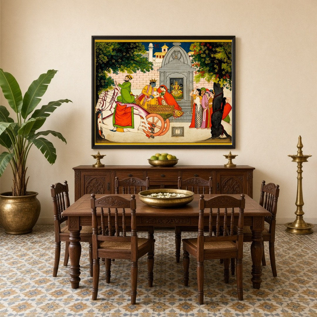 Capture the enchanting tale of Krishna and Rukmini's elopement with this vivid Pichwai art piece. for Dining