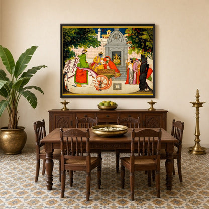 Capture the enchanting tale of Krishna and Rukmini's elopement with this vivid Pichwai art piece. for Dining