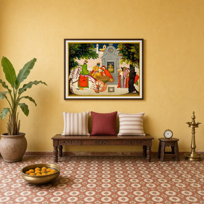 Capture the enchanting tale of Krishna and Rukmini's elopement with this vivid Pichwai art piece. for Entrance