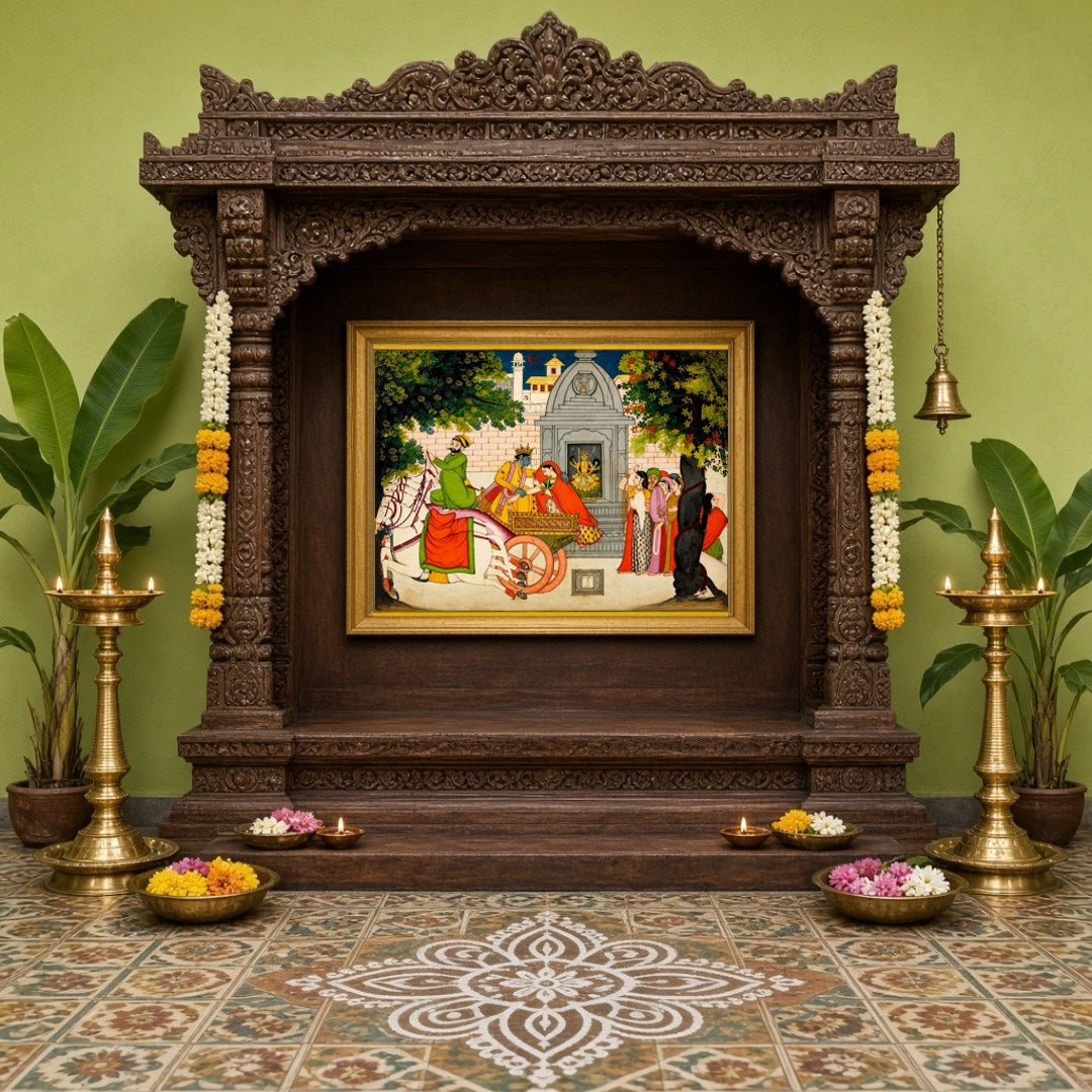 Capture the enchanting tale of Krishna and Rukmini's elopement with this vivid Pichwai art piece. for Home Temple