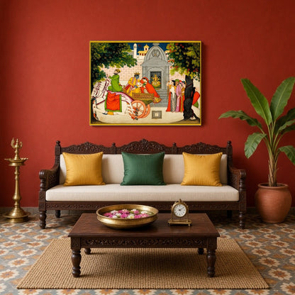 Capture the enchanting tale of Krishna and Rukmini's elopement with this vivid Pichwai art piece. for Living Room