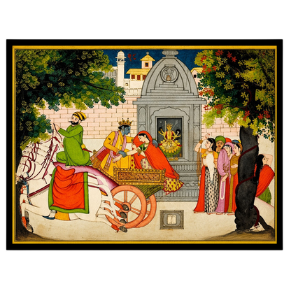 Capture the enchanting tale of Krishna and Rukmini's elopement with this vivid Pichwai art piece. for loft