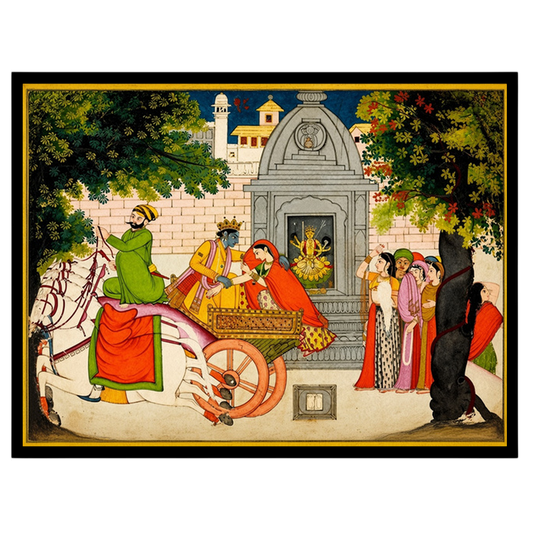 Capture the enchanting tale of Krishna and Rukmini's elopement with this vivid Pichwai art piece. for loft