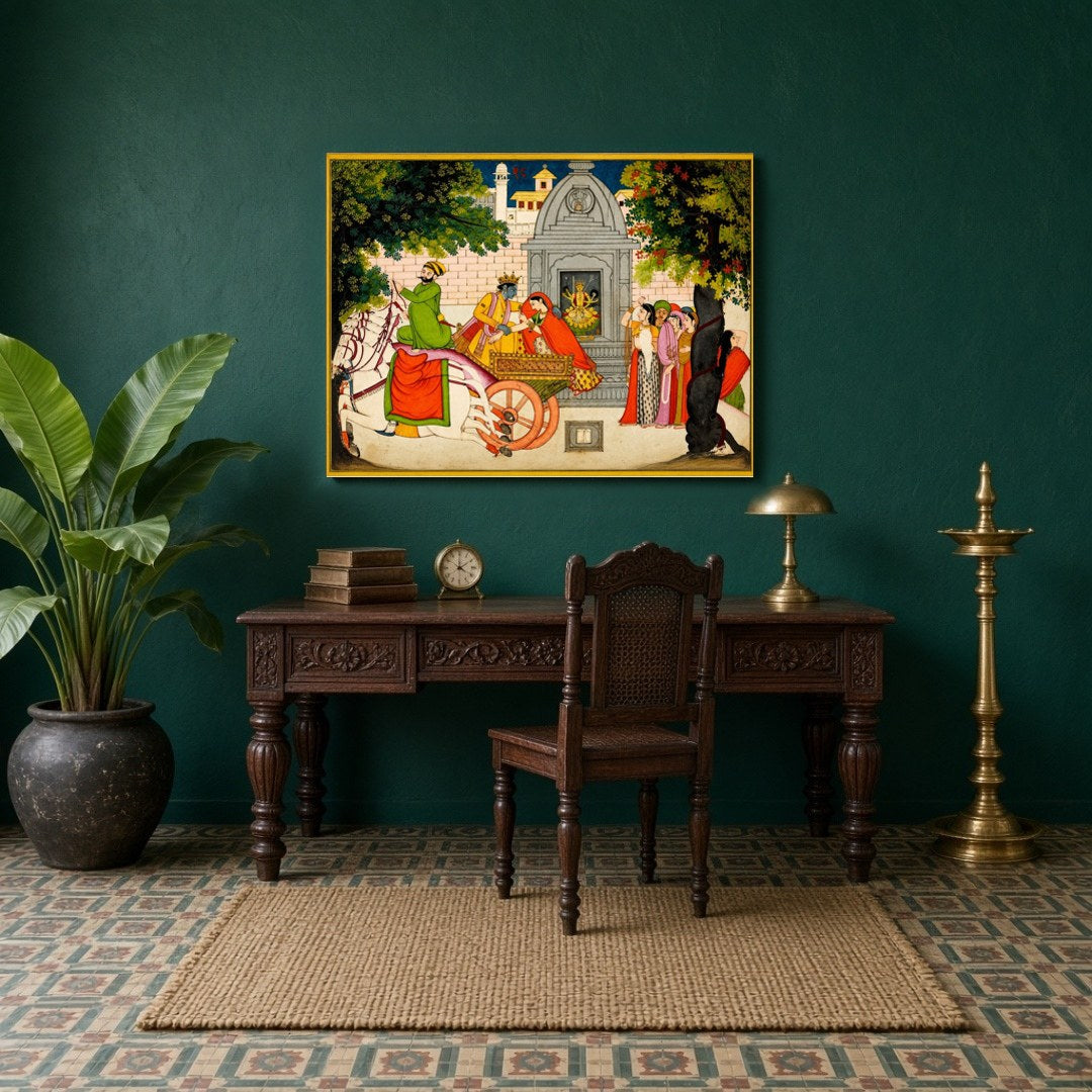 Capture the enchanting tale of Krishna and Rukmini's elopement with this vivid Pichwai art piece. for Study