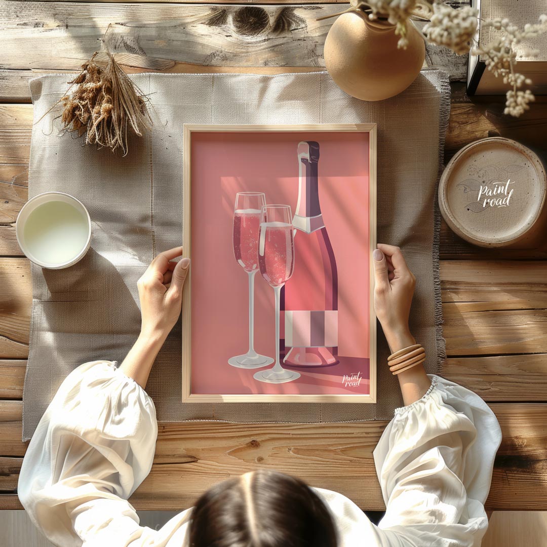 A vibrant and inviting illustration featuring a bottle of rosé champagne alongside two elegant flut… for dining room