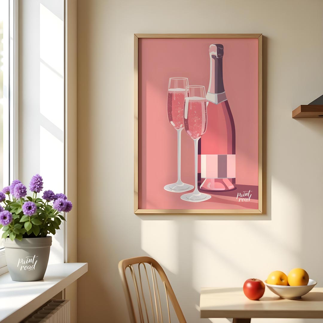 A vibrant and inviting illustration featuring a bottle of rosé champagne alongside two elegant flut… for dining room