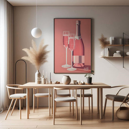 A vibrant and inviting illustration featuring a bottle of rosé champagne alongside two elegant flut… for dining room