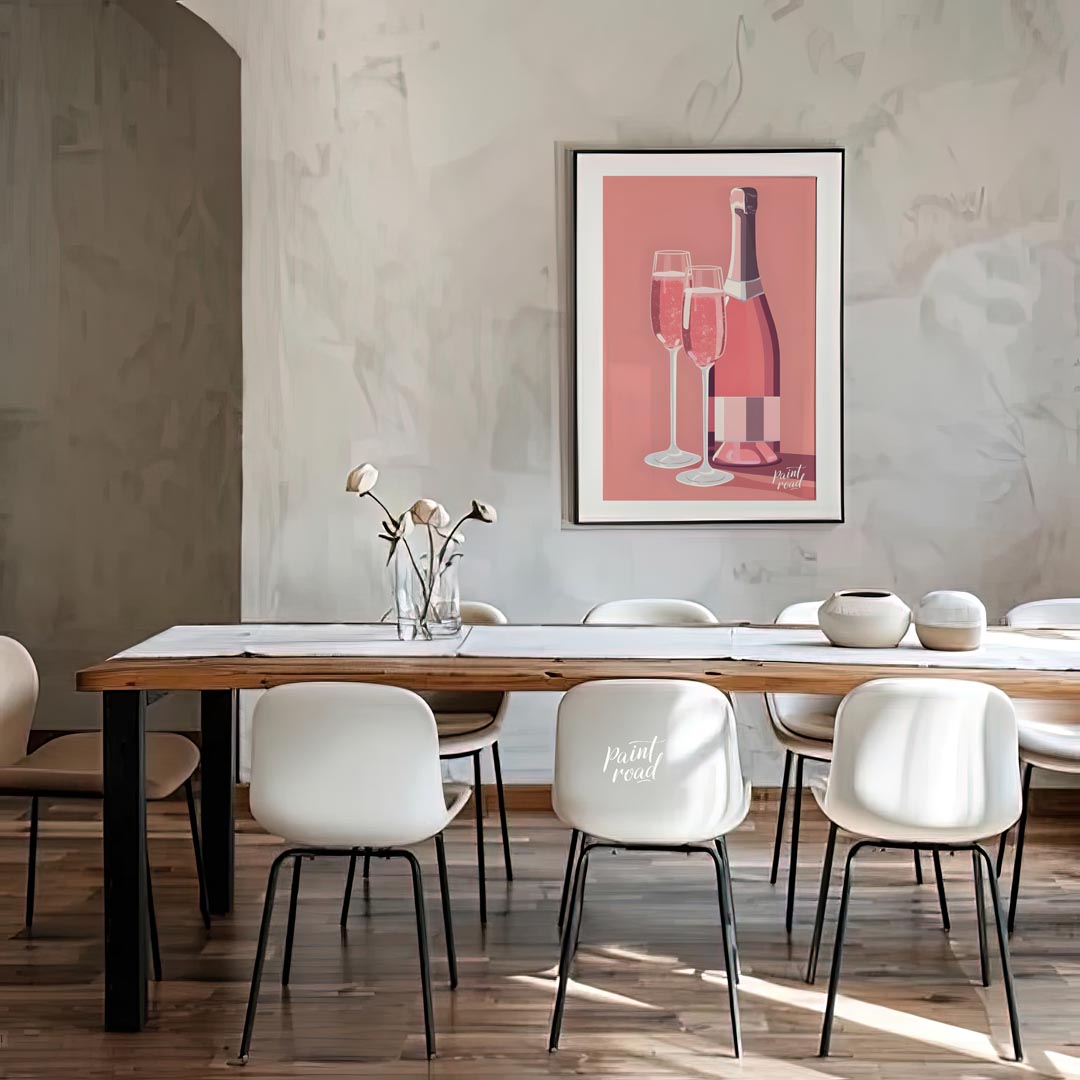 A vibrant and inviting illustration featuring a bottle of rosé champagne alongside two elegant flut… for dining room