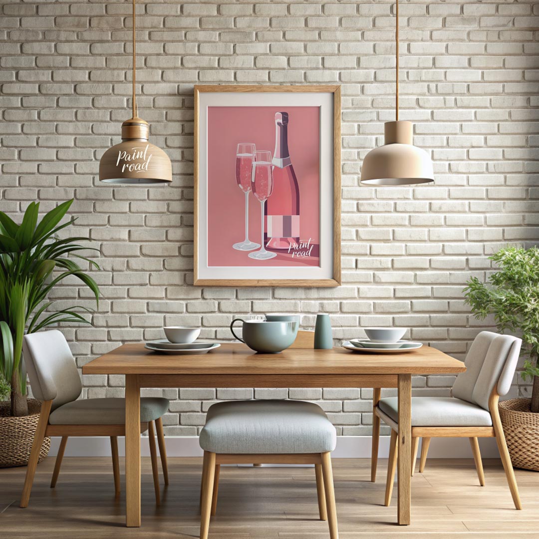 A vibrant and inviting illustration featuring a bottle of rosé champagne alongside two elegant flut… for dining room