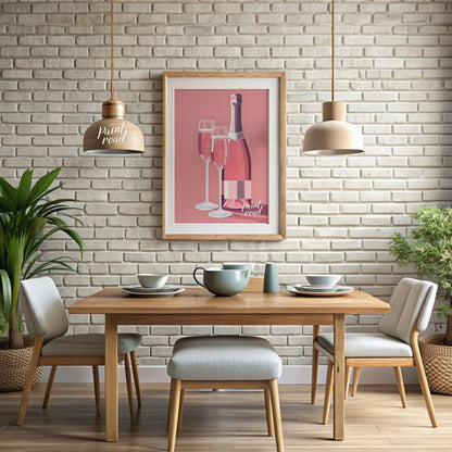 A vibrant and inviting illustration featuring a bottle of rosé champagne alongside two elegant flut… for dining room